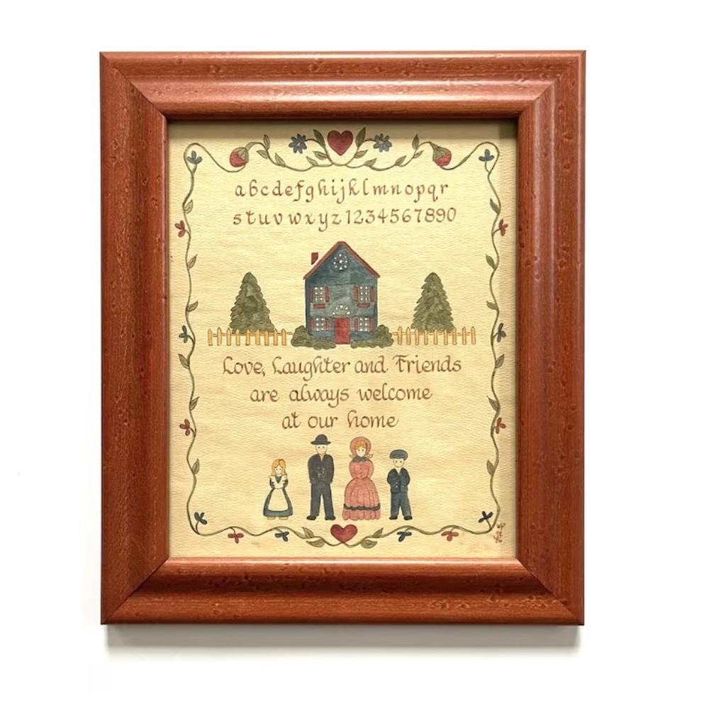 Vintage Love Laughter and Friends Sampler style Framed Watercolor Art Signed